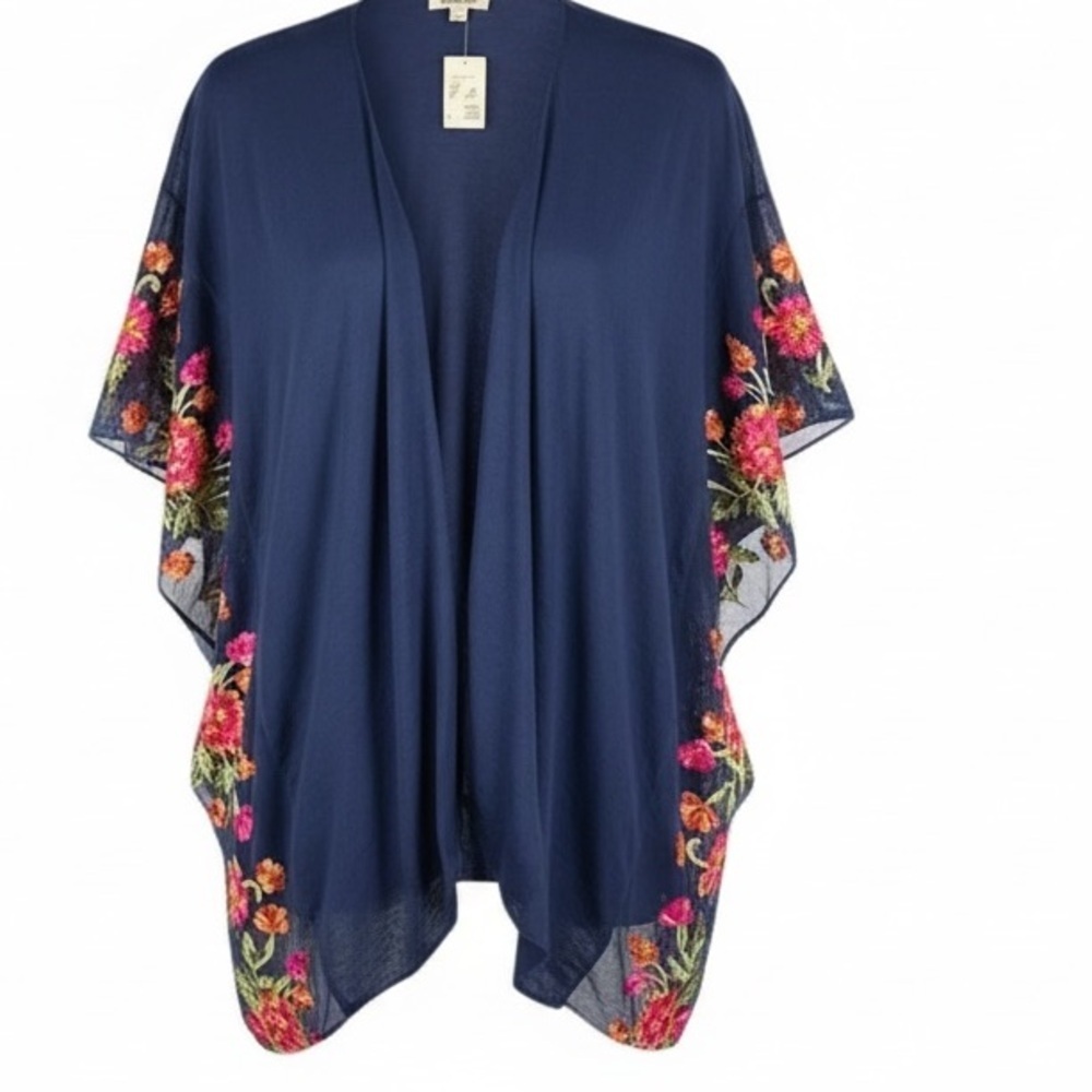 Pinky Navy Embroidered Floral Kimono Lightweight Soft/Silky Scarf Wrap -OS (NWT)